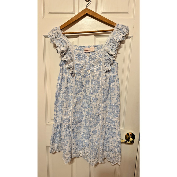 Rachel Ashwell Blue Toile Eyelet Cotton Nightgown Small Sleeveless Ruffle Trim - Picture 2 of 8